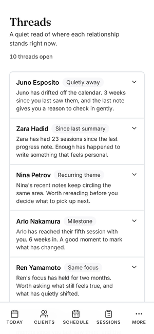Threads in Another Session, showing a client whose last session note is still open