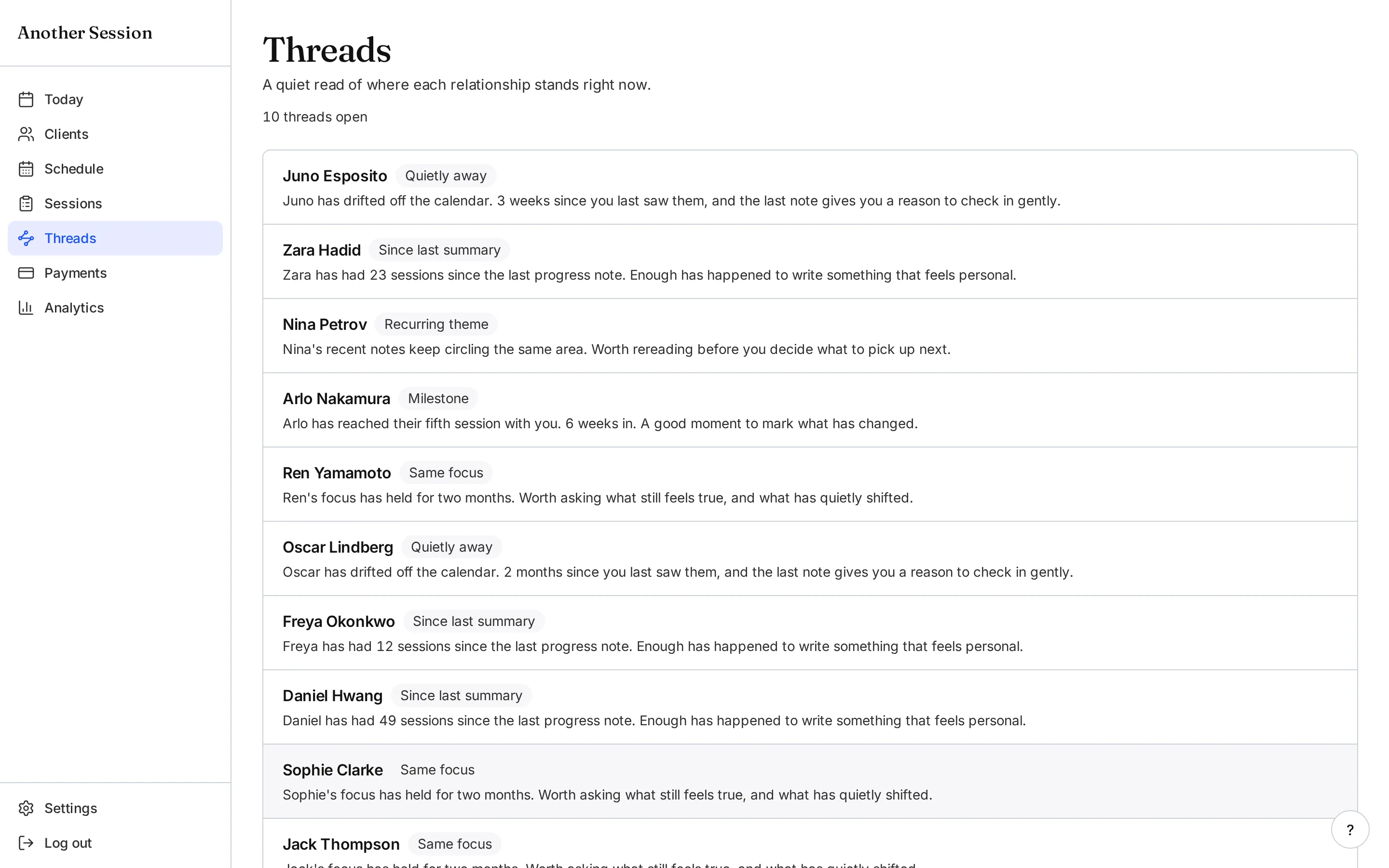 Threads in Another Session, listing clients whose last session note is still open